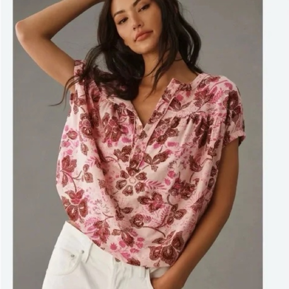 Anthropologie Pink Floral Short Sleeve Tee